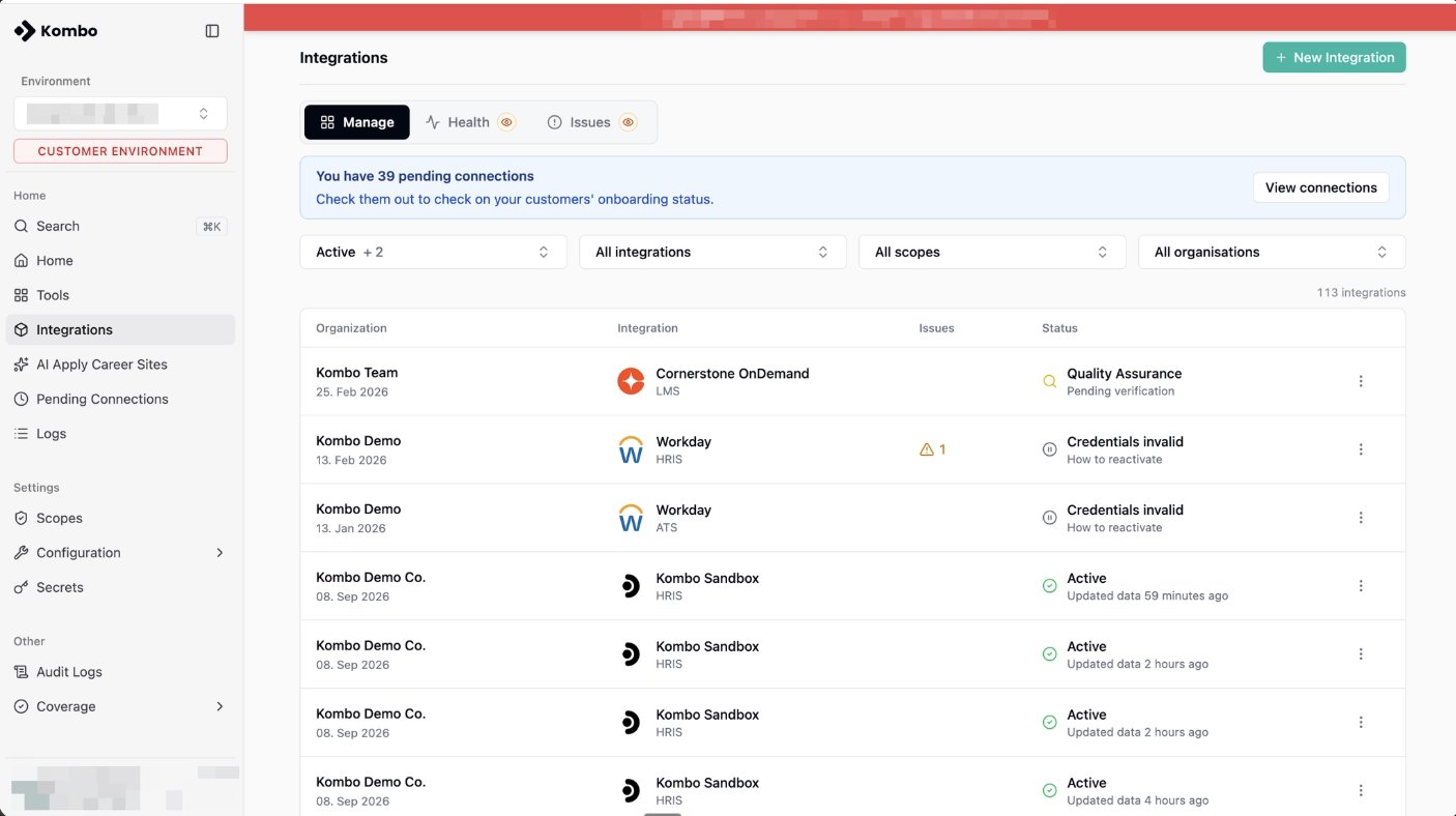 Kombo Integrations page showing connected integrations, statuses, and a banner for pending connections