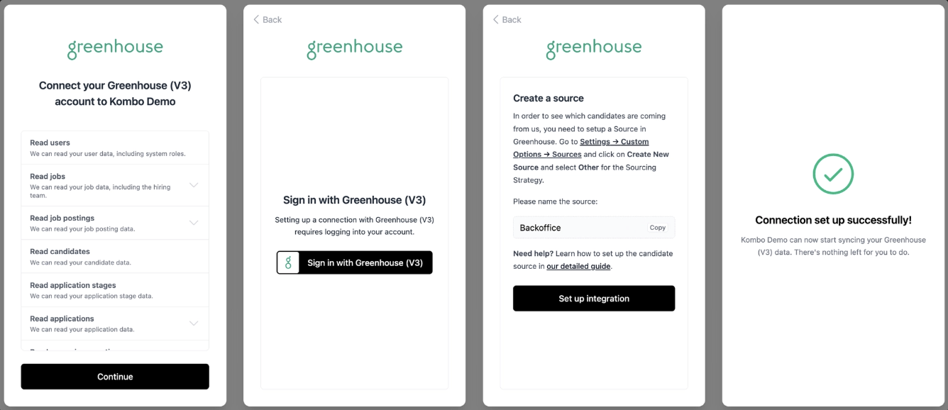 OAuth connection flow: review permissions, sign in, complete setup steps, success