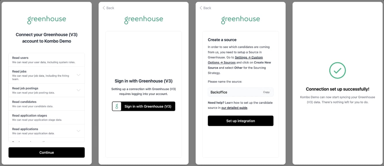 OAuth connection flow: review permissions, sign in, complete setup steps, success