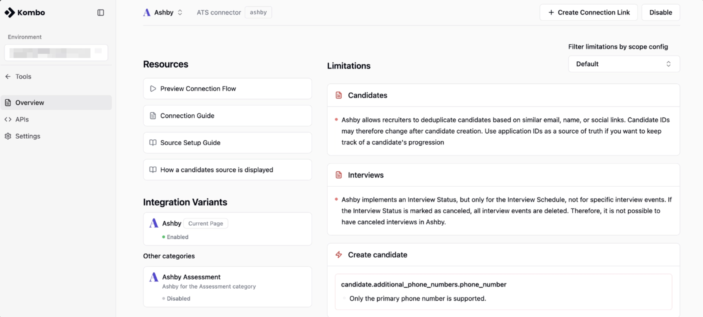 Kombo tool page showing overview, connection flow, guide, and limitations