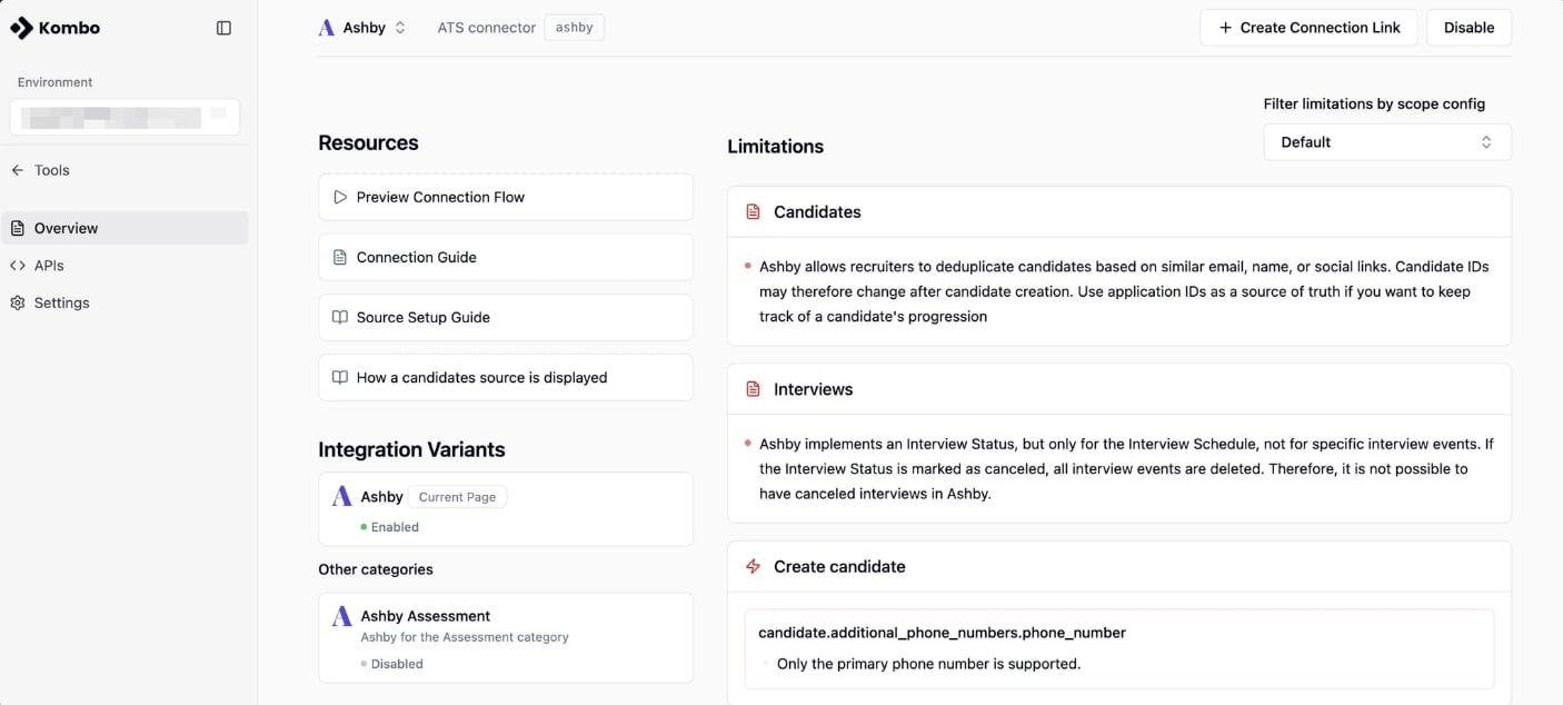 Kombo tool page showing overview, connection flow, guide, and limitations