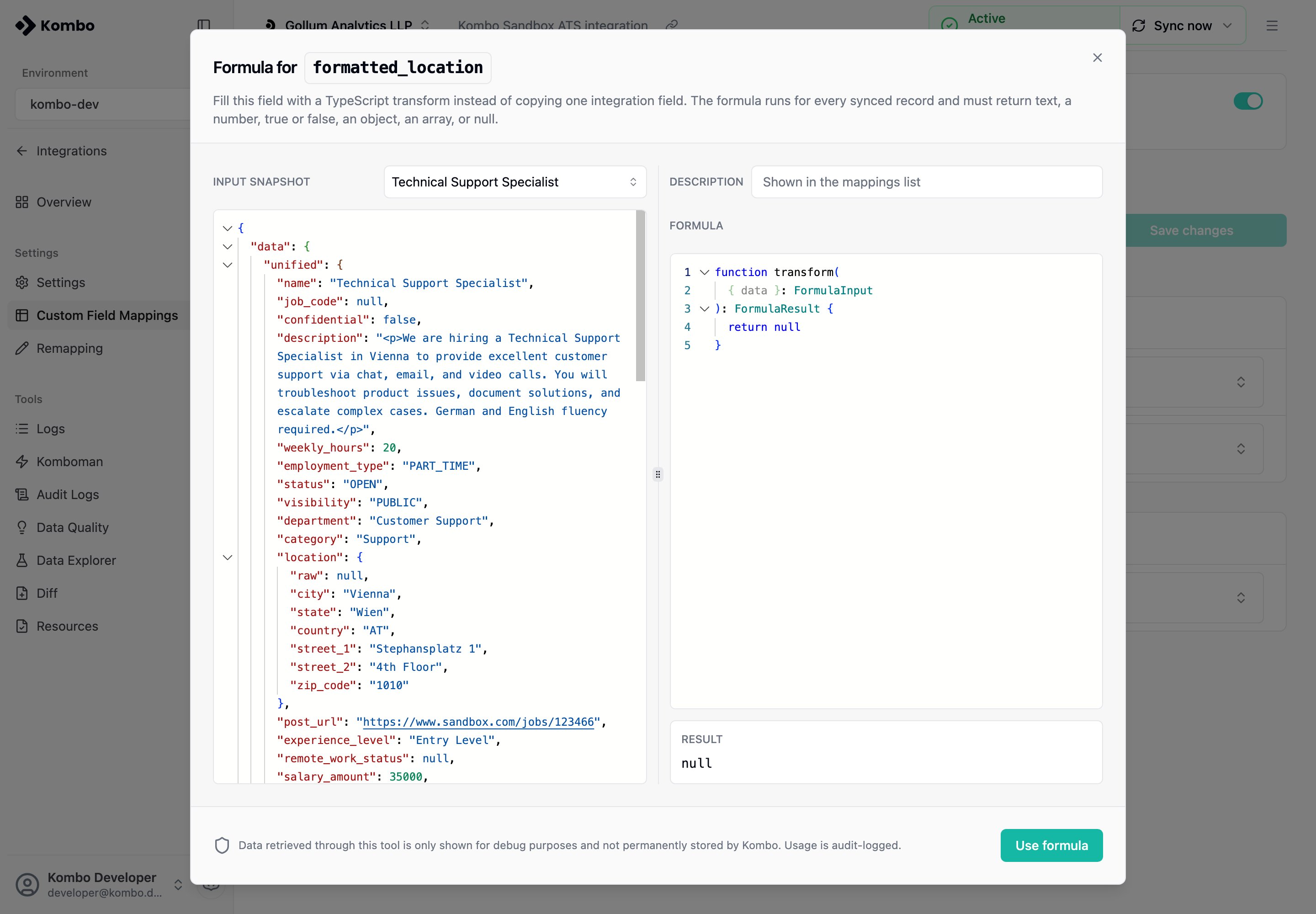 Formula editor with an example record selected and its input
snapshot
