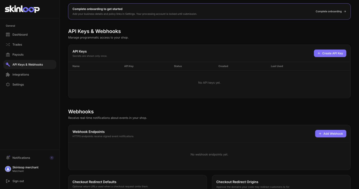 Skinloop API Keys & Webhooks page