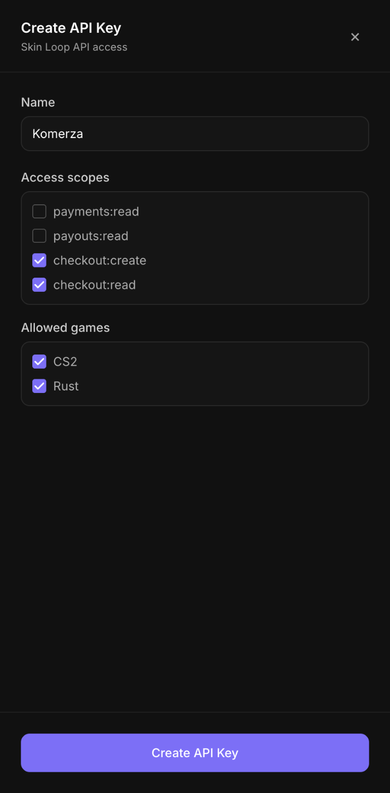 Create API Key in Skinloop with the checkout:create and checkout:read scopes