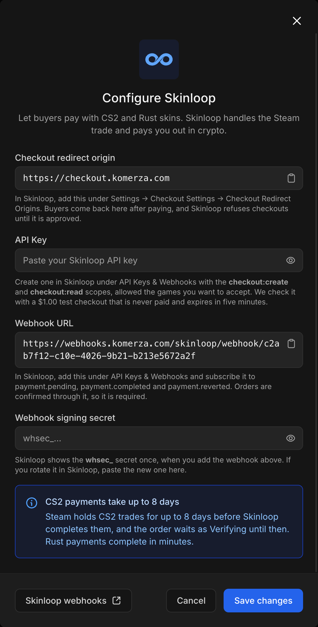 Configure Skinloop dialog in Komerza