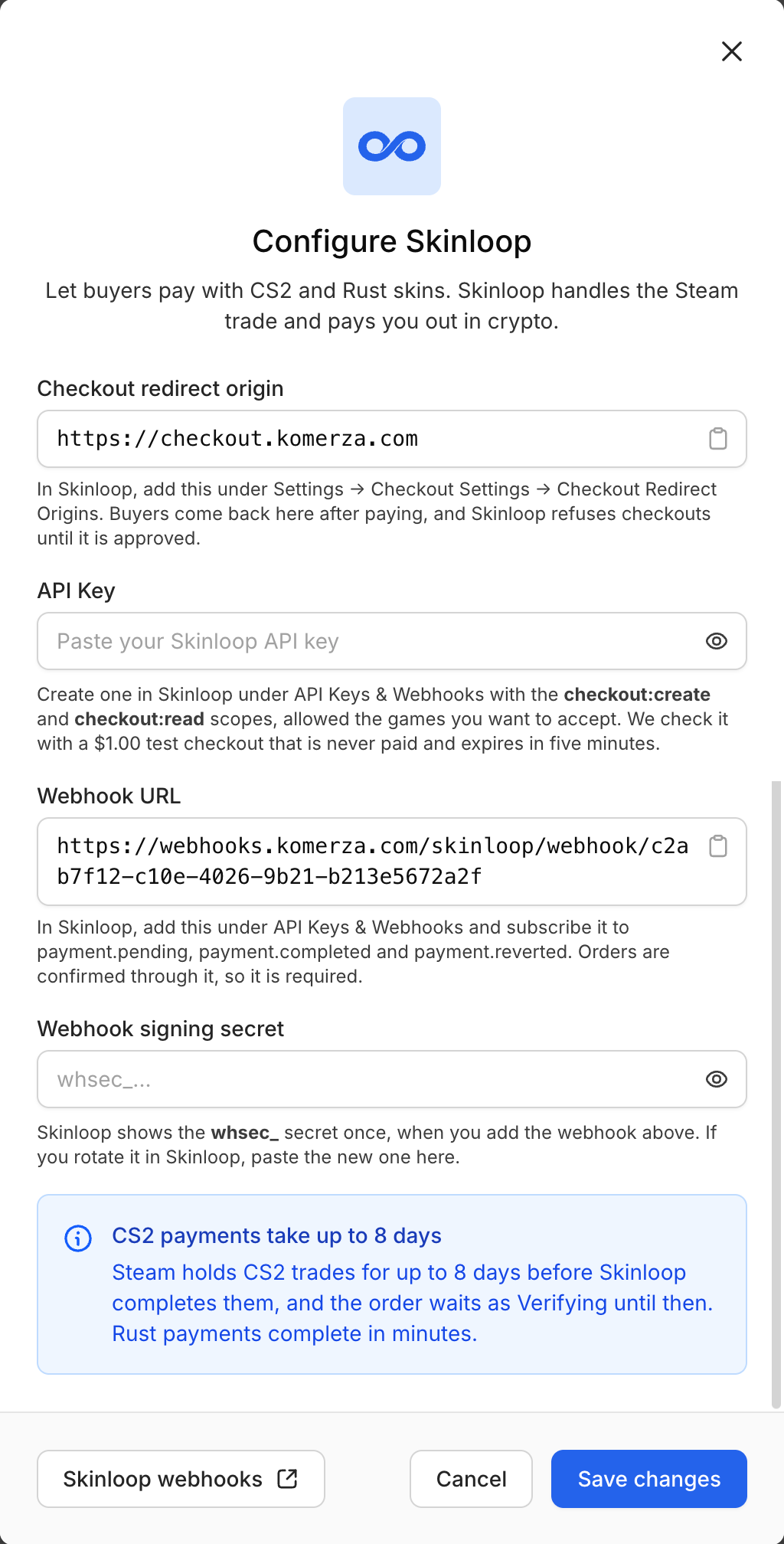 Configure Skinloop dialog in Komerza