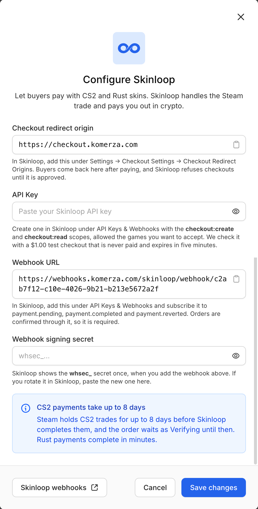 Configure Skinloop dialog in Komerza