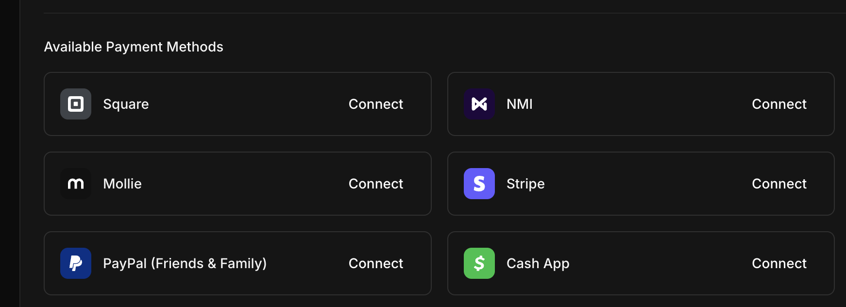Connect Cash App in Dashboard