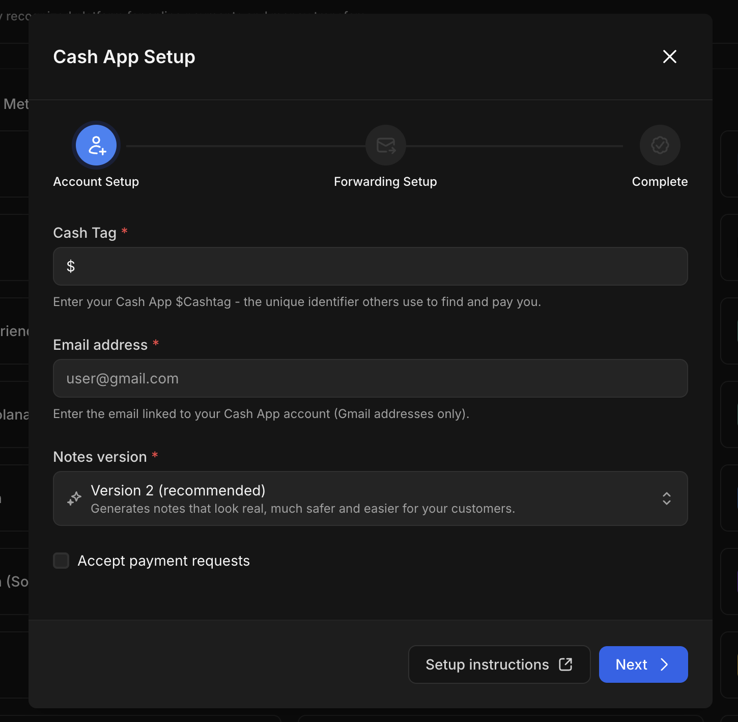 Cash App Settings Dialog
