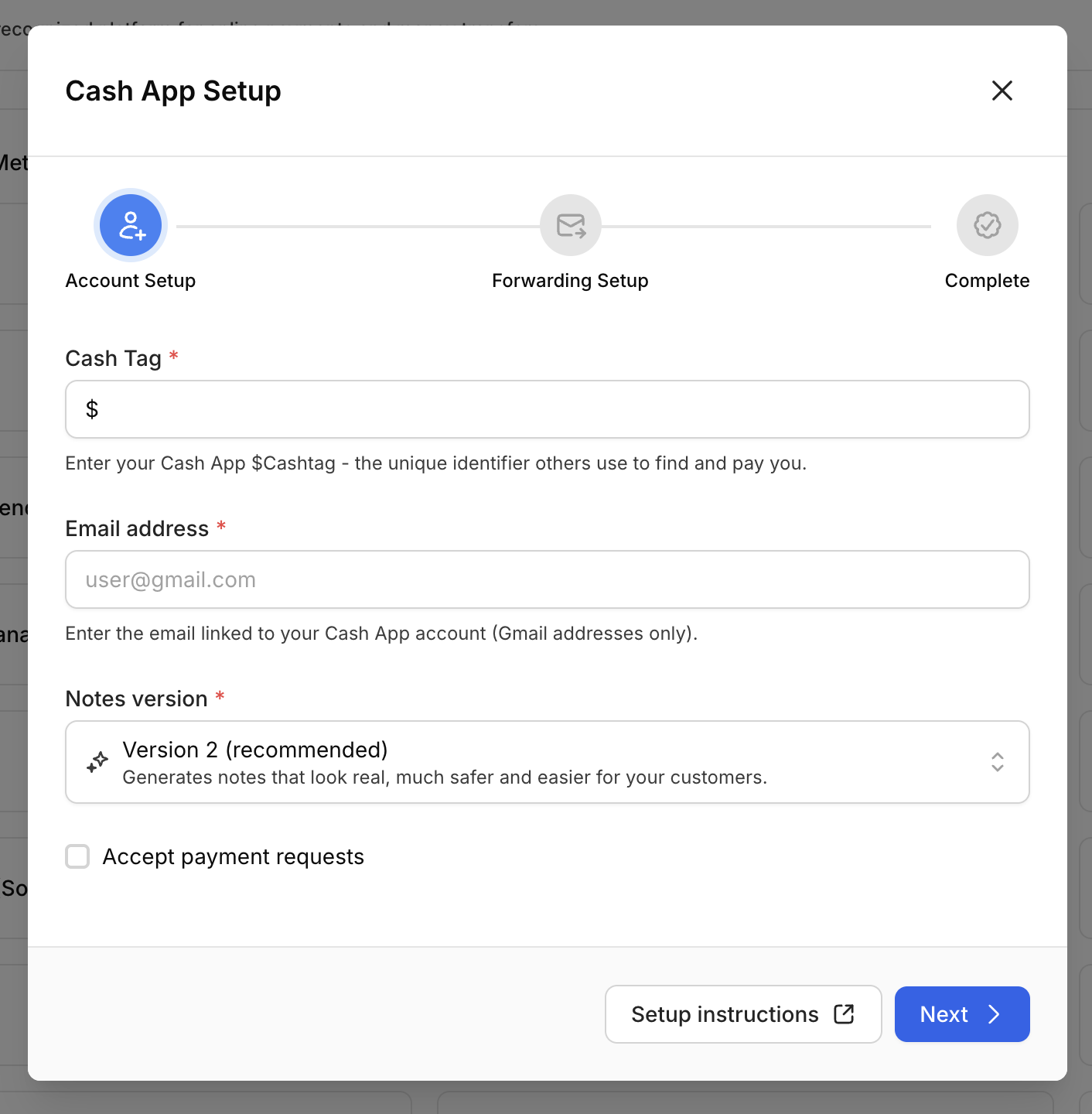 Cash App Settings Dialog