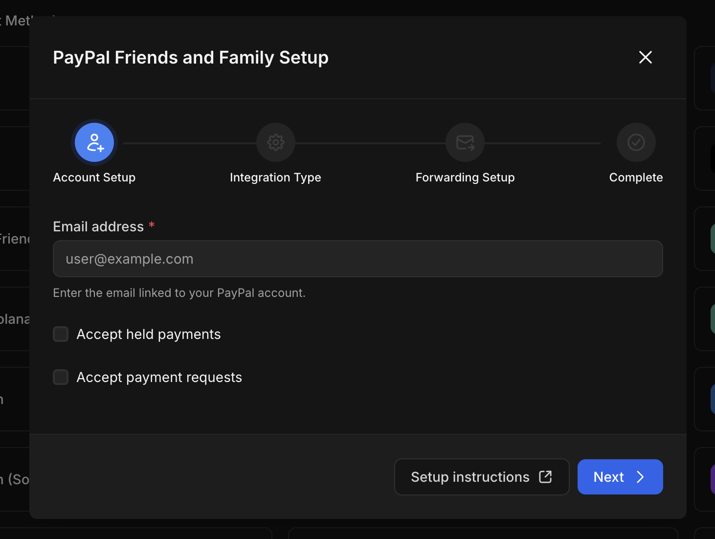 PayPal Settings Dialog