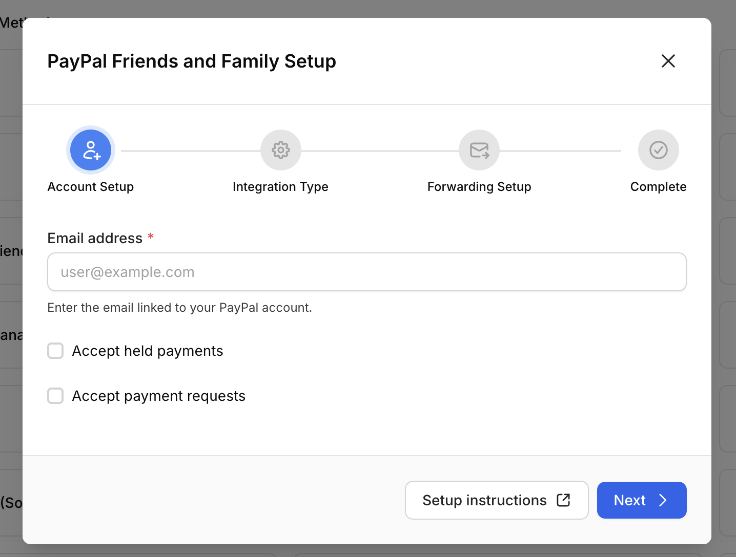 PayPal Settings Dialog