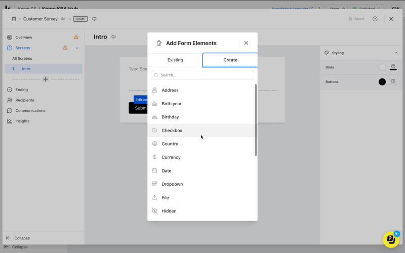 Surveys: option a — Step 3: Adding questions