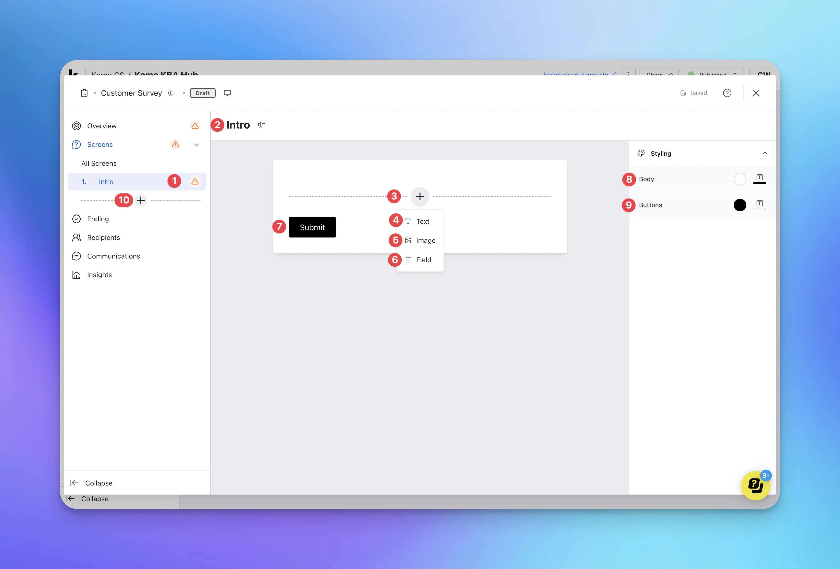 Surveys: step 3 — Step 3: Adding questions