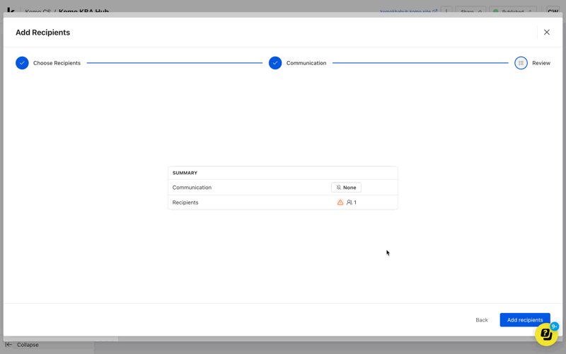 Surveys: step 5 — Step 6: Add survey Recipients and Communications (Optional)