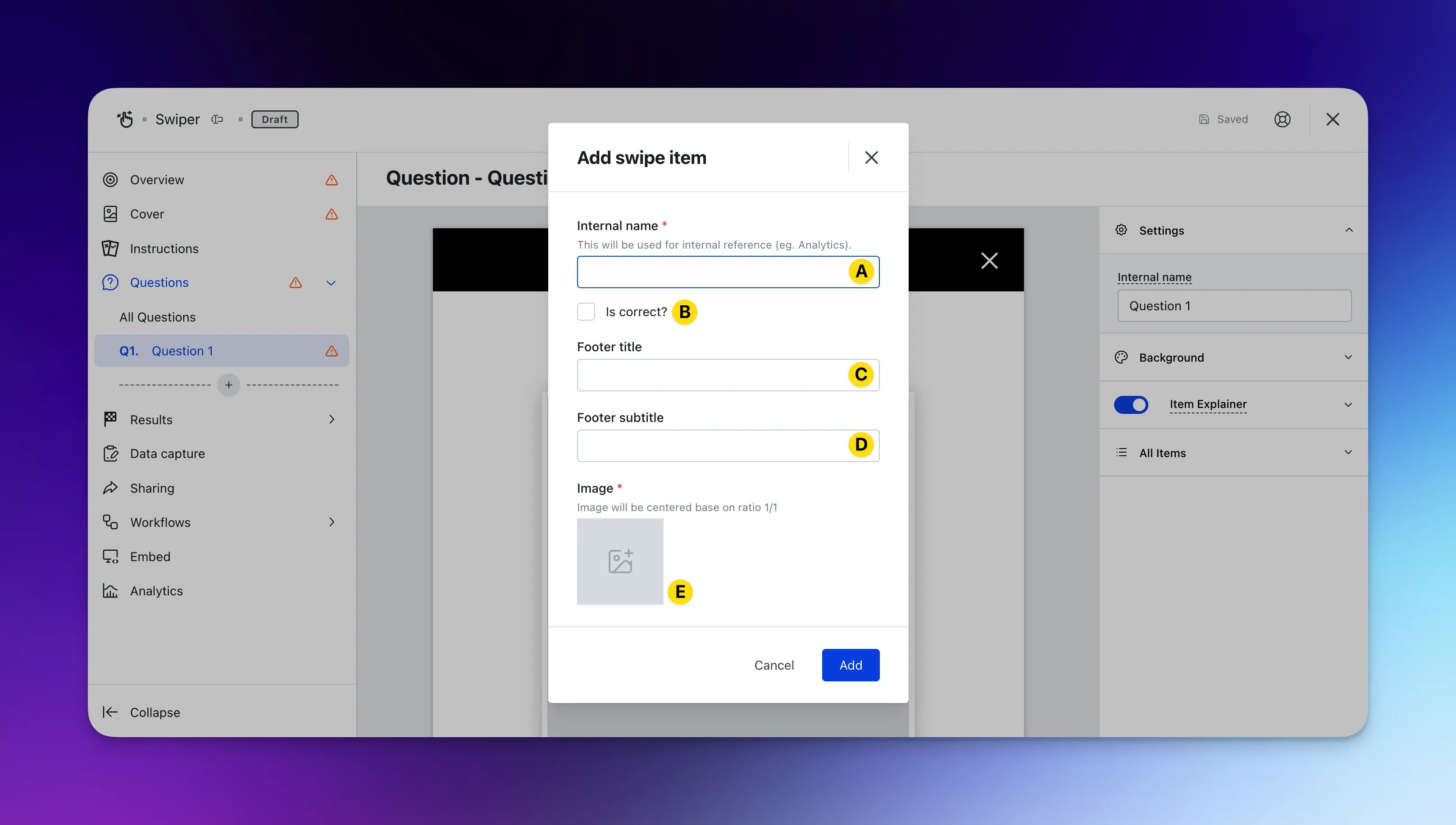 Swiper: option a — Step 4: Add your Question