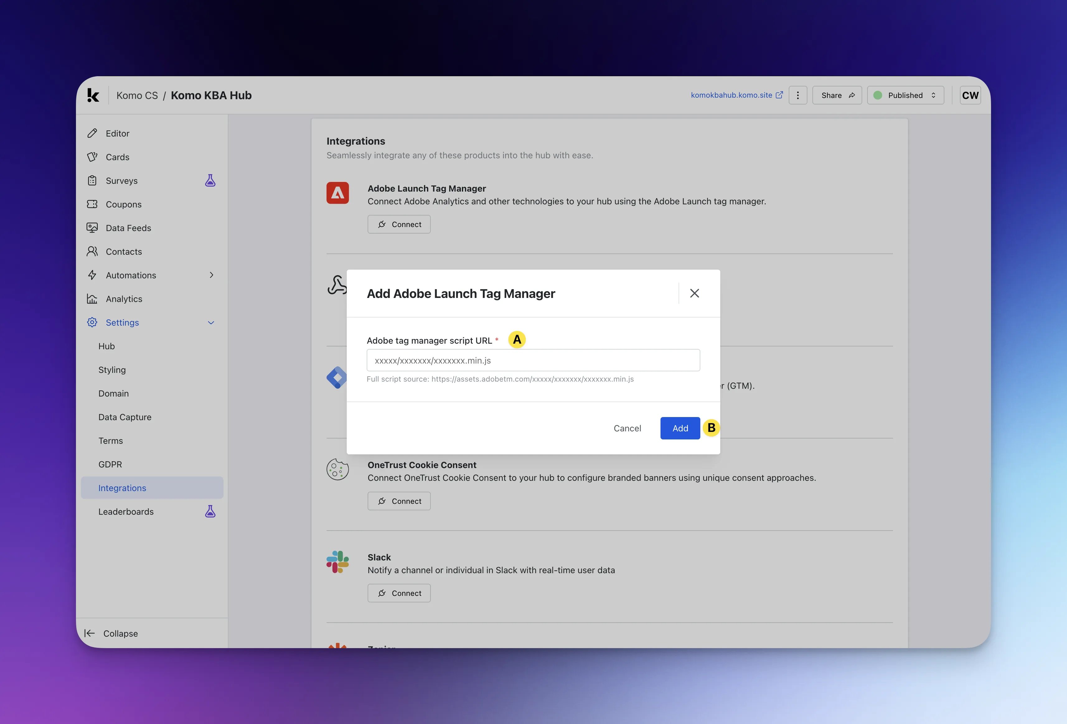 Integrations & Tag Management: option a — How do I set up an in-built integration?