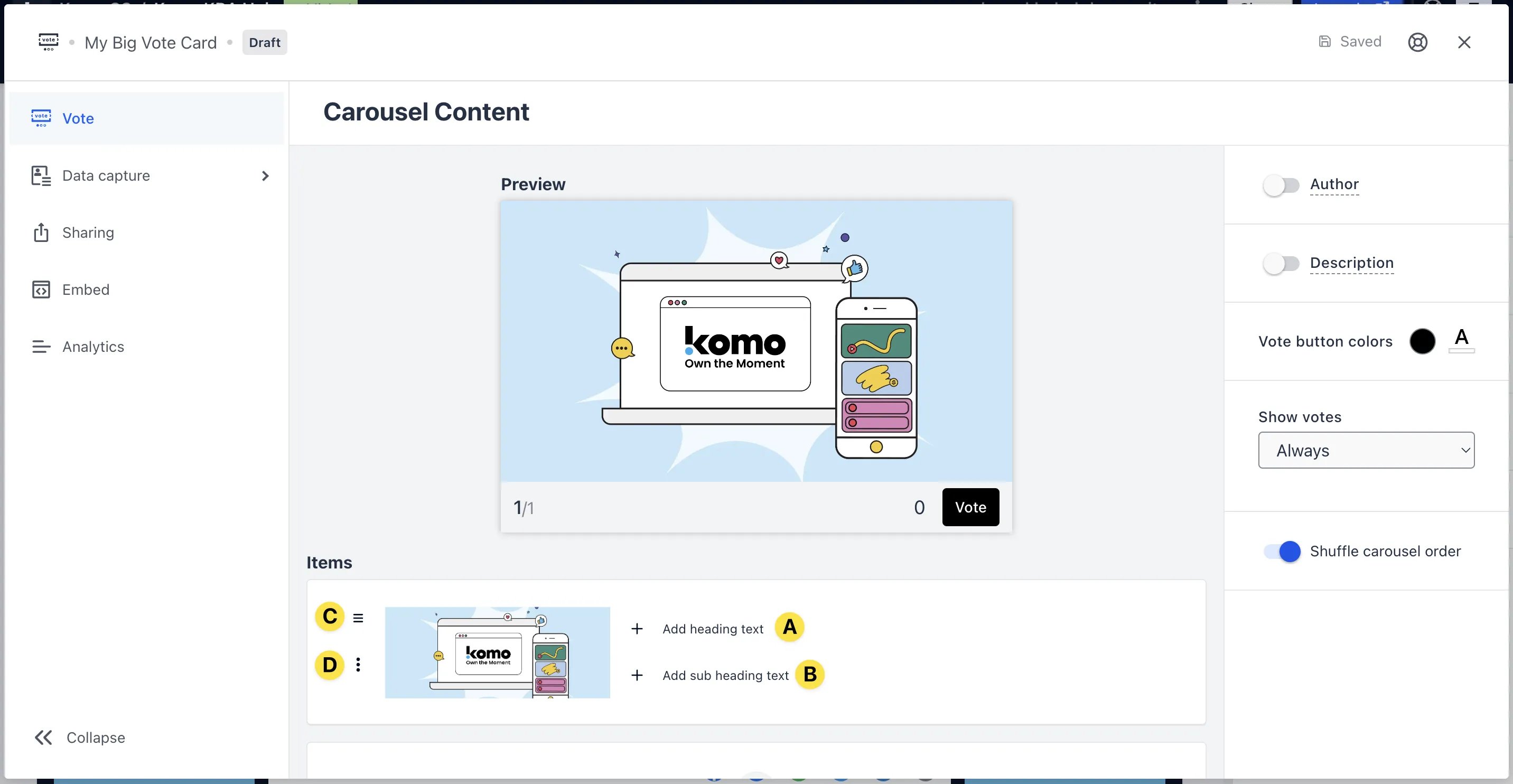 Vote Card: option a — Step 1: Add a Vote card to your Hub