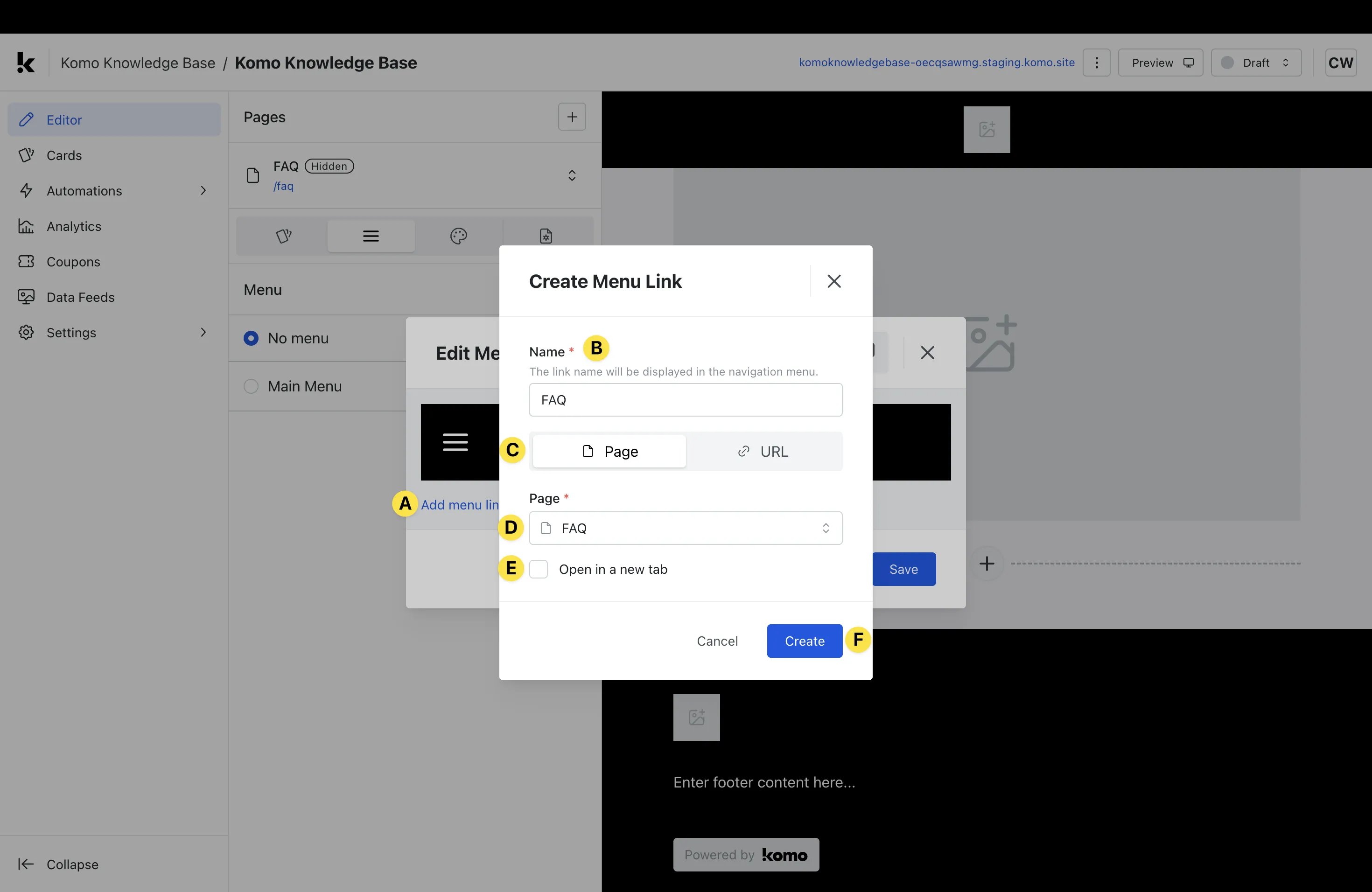 Multi-page Hubs: option a — Step 4: Add a Menu