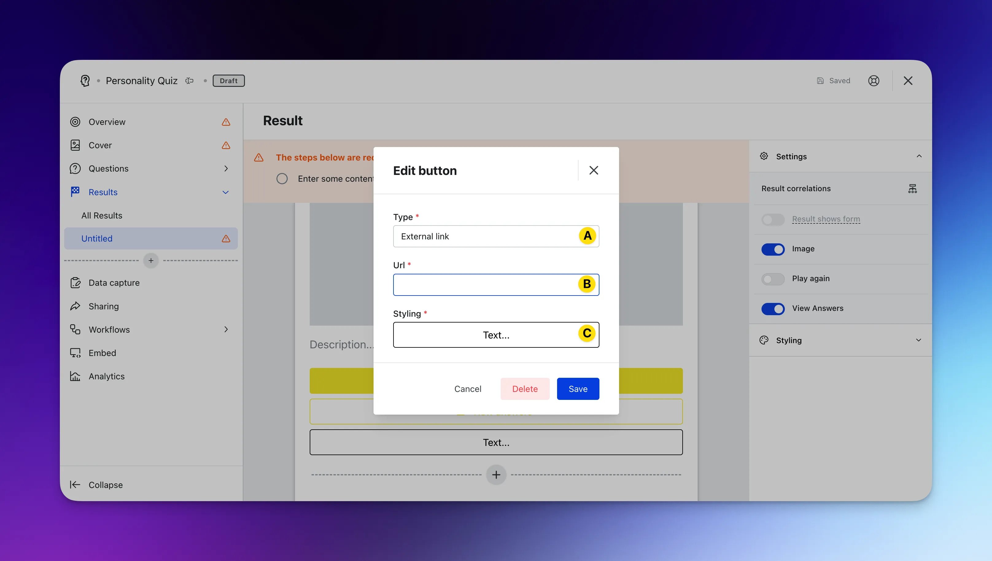 Personality Quiz: option a — Step 3: Setting up your Results