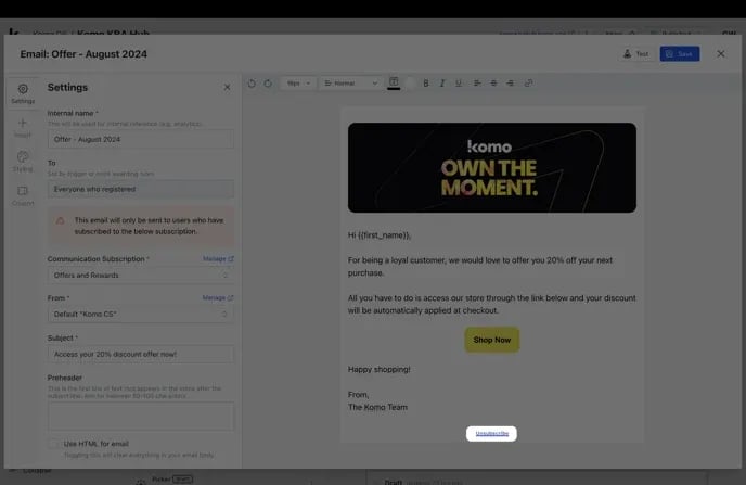 Prizes and Communications: step 3 — Step 5: Set up Marketing Email Communications
