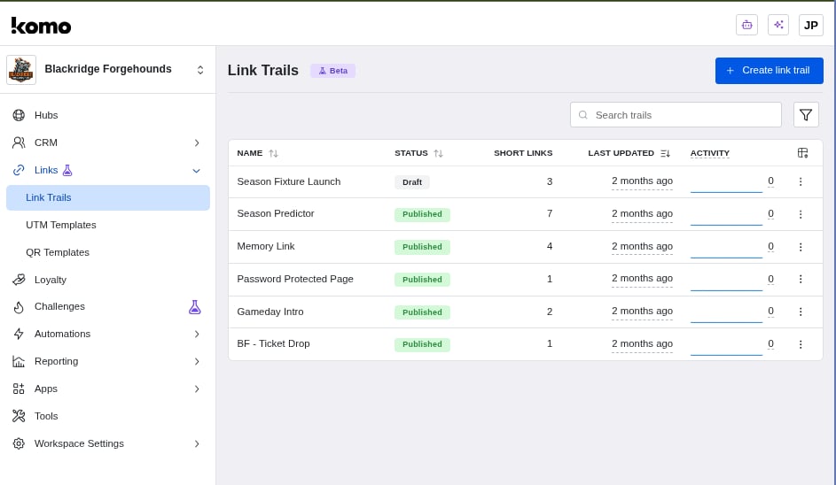 Link Trails list with Create link trail
