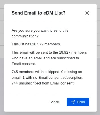 Communication Subscriptions: the Send Email confirmation showing list size, recipients and skipped members