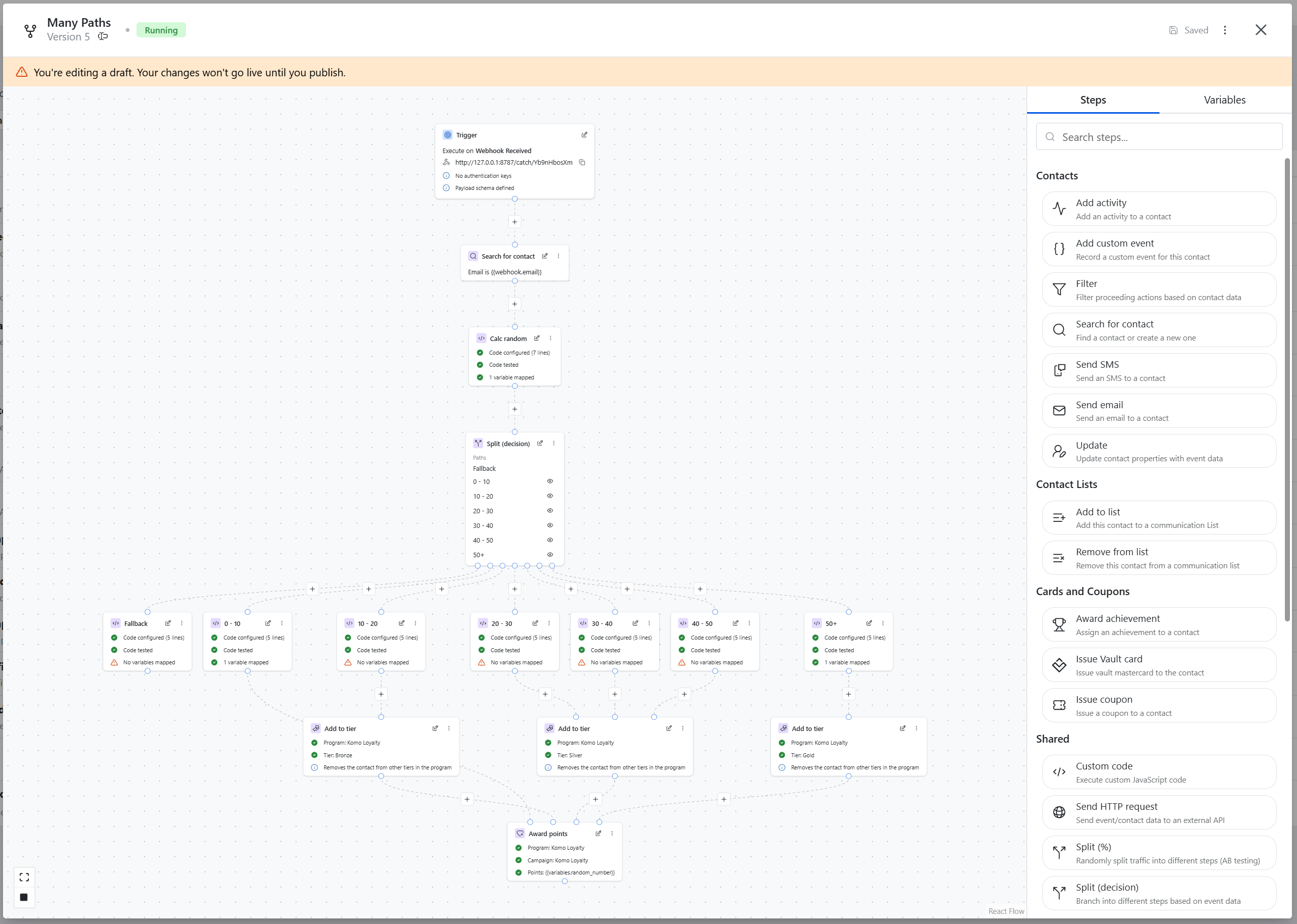Workflows: complex auto layout — many split paths join into tier steps, then Award points