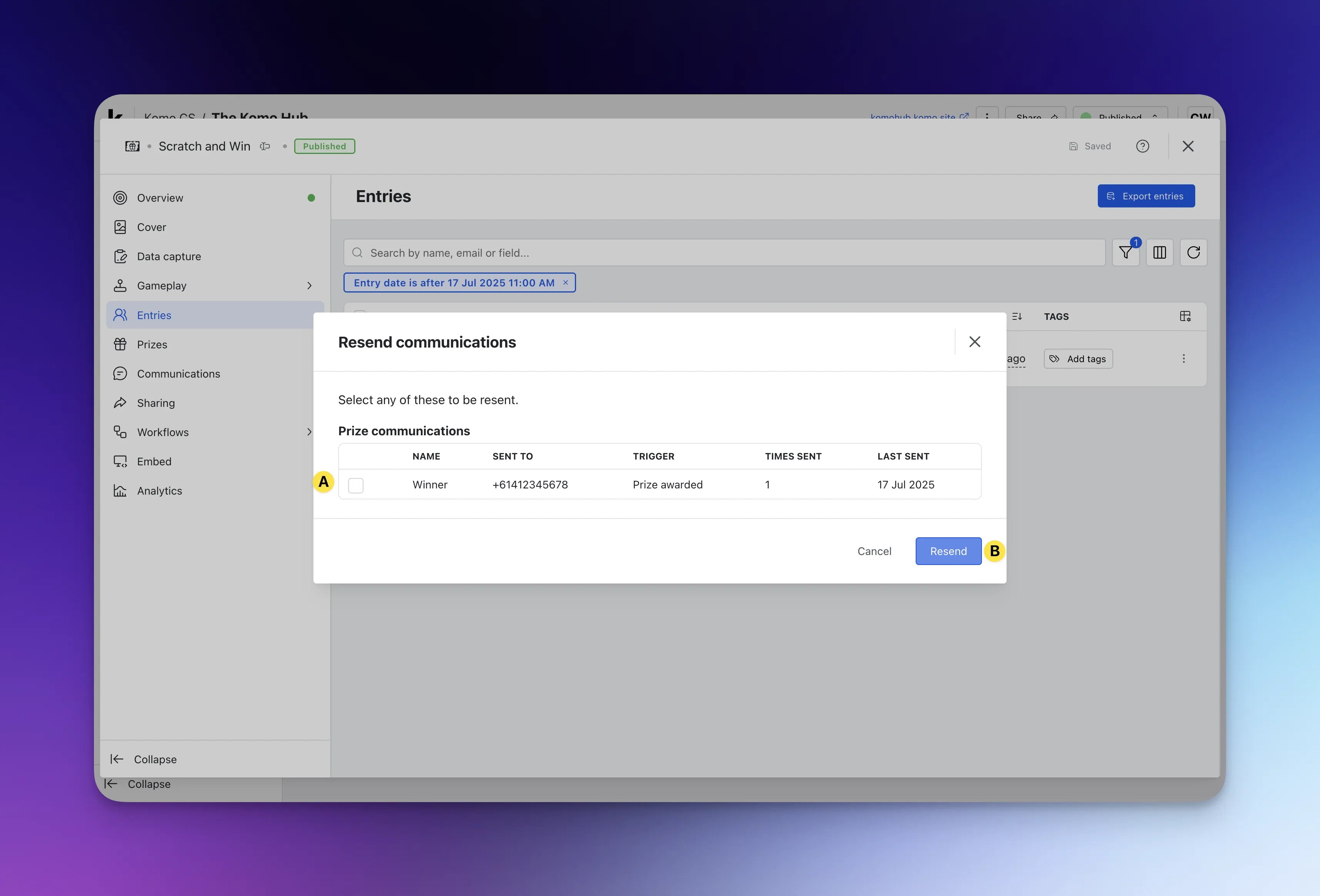 Edit Entrant Details and Resend Communications: option a — Step 3: Resend communications