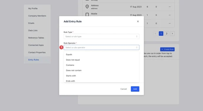 Entry Rules: step 3 — Step 3: Select your Rule Operator
