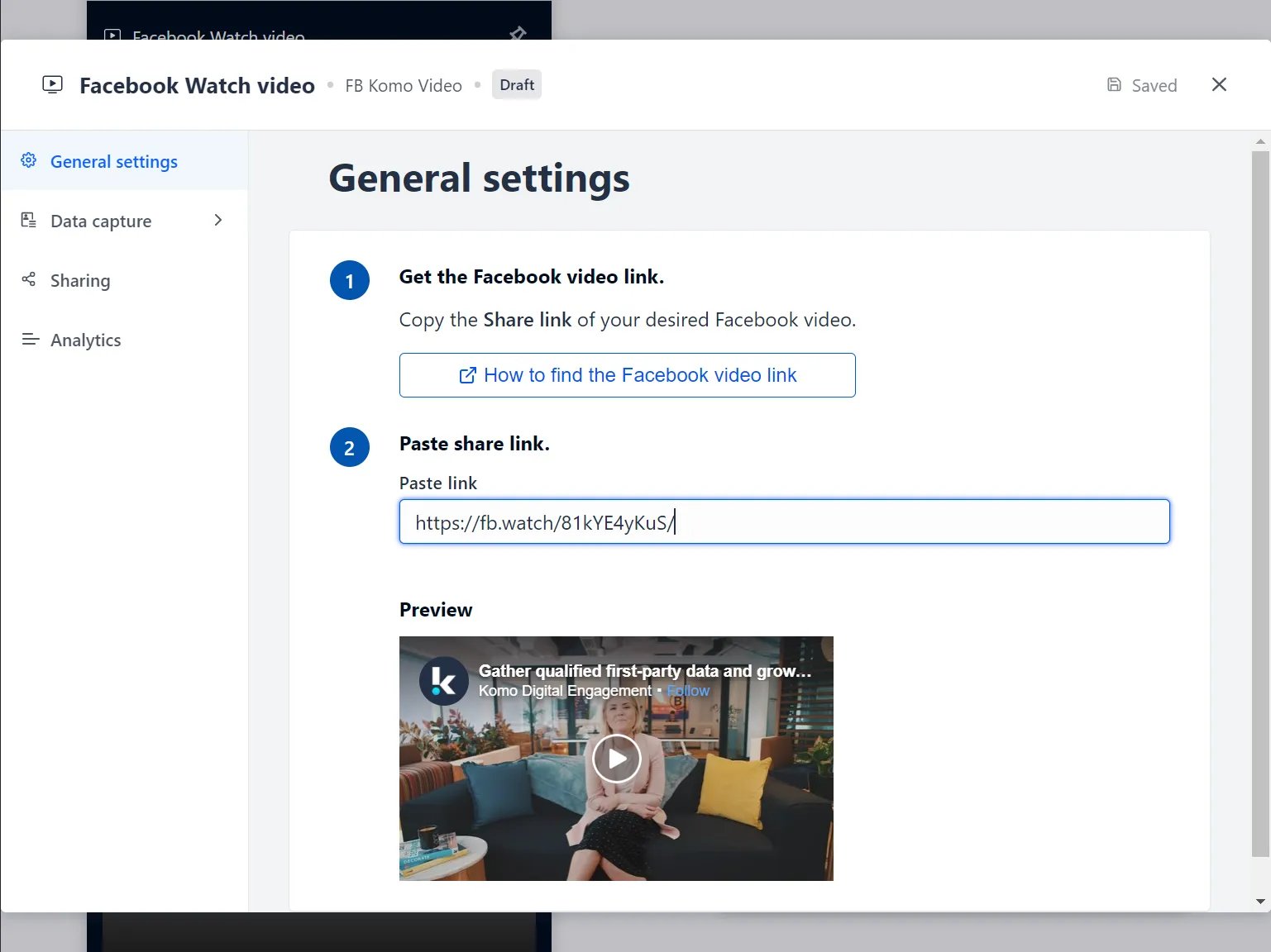 Facebook Watch Card: step 2 — Step 2: Paste the link to the card