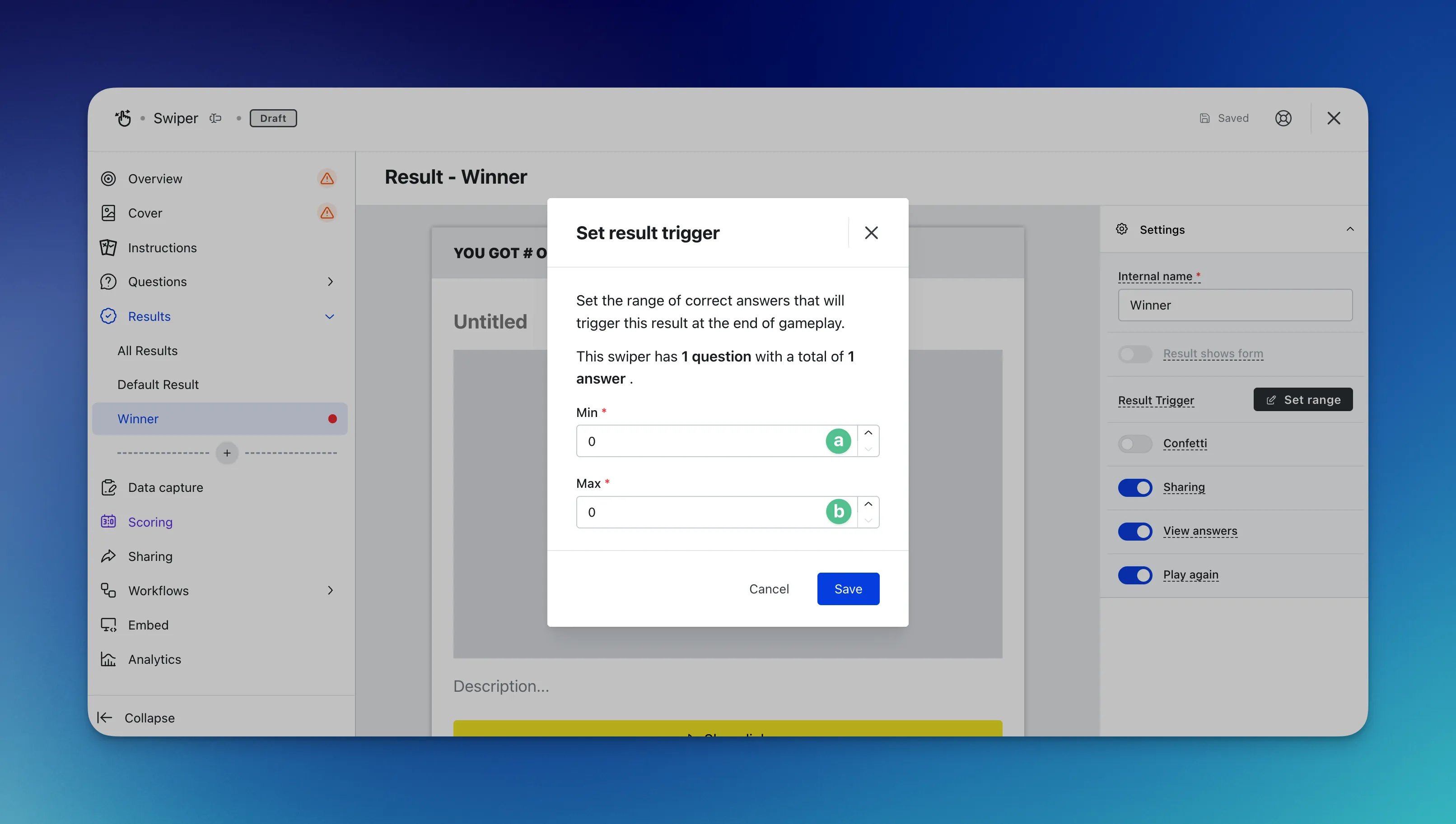 Swiper: option a — Step 5: Set up your Results