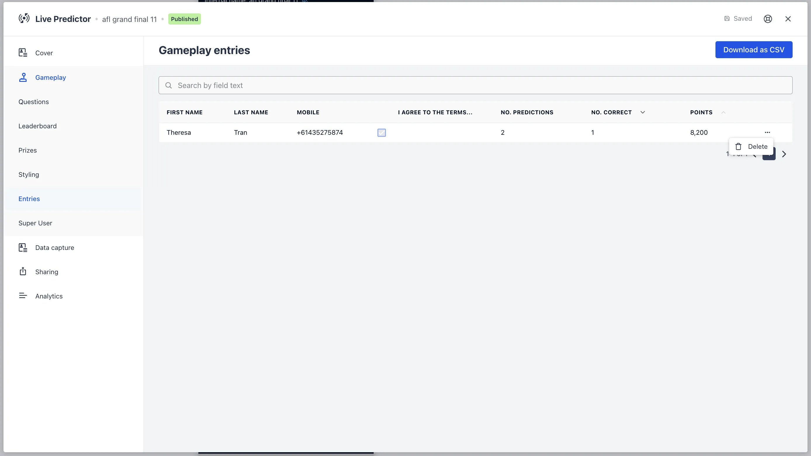 How to run your Live Predictor: viewing All Entrant Details