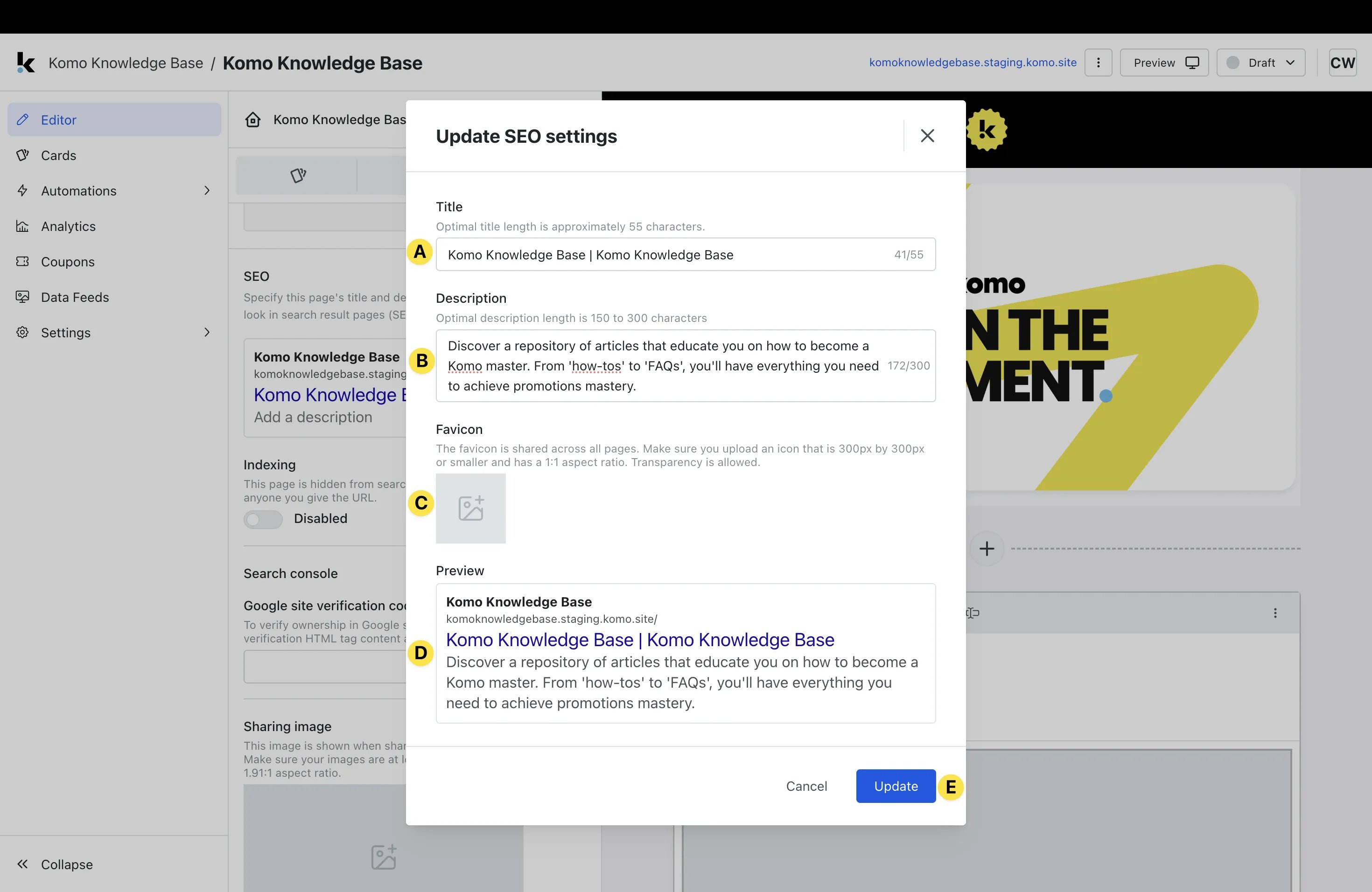 Hub Editor: option a — Step 3: Edit SEO settings
