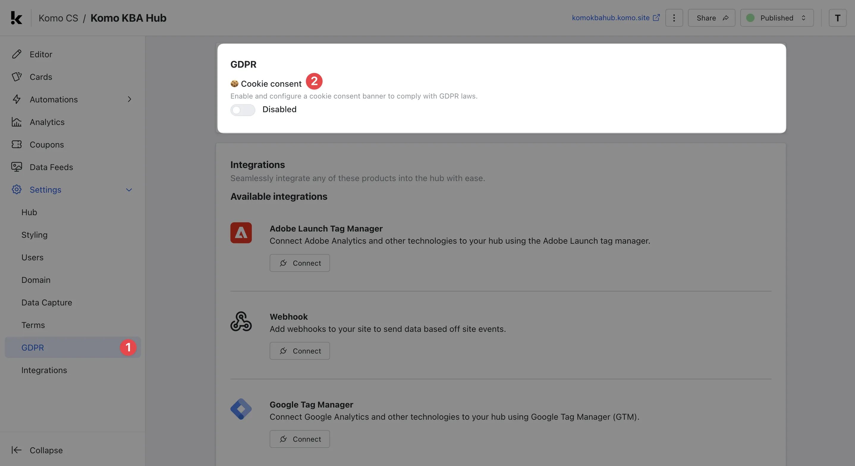 Hub Settings: gDPR Settings