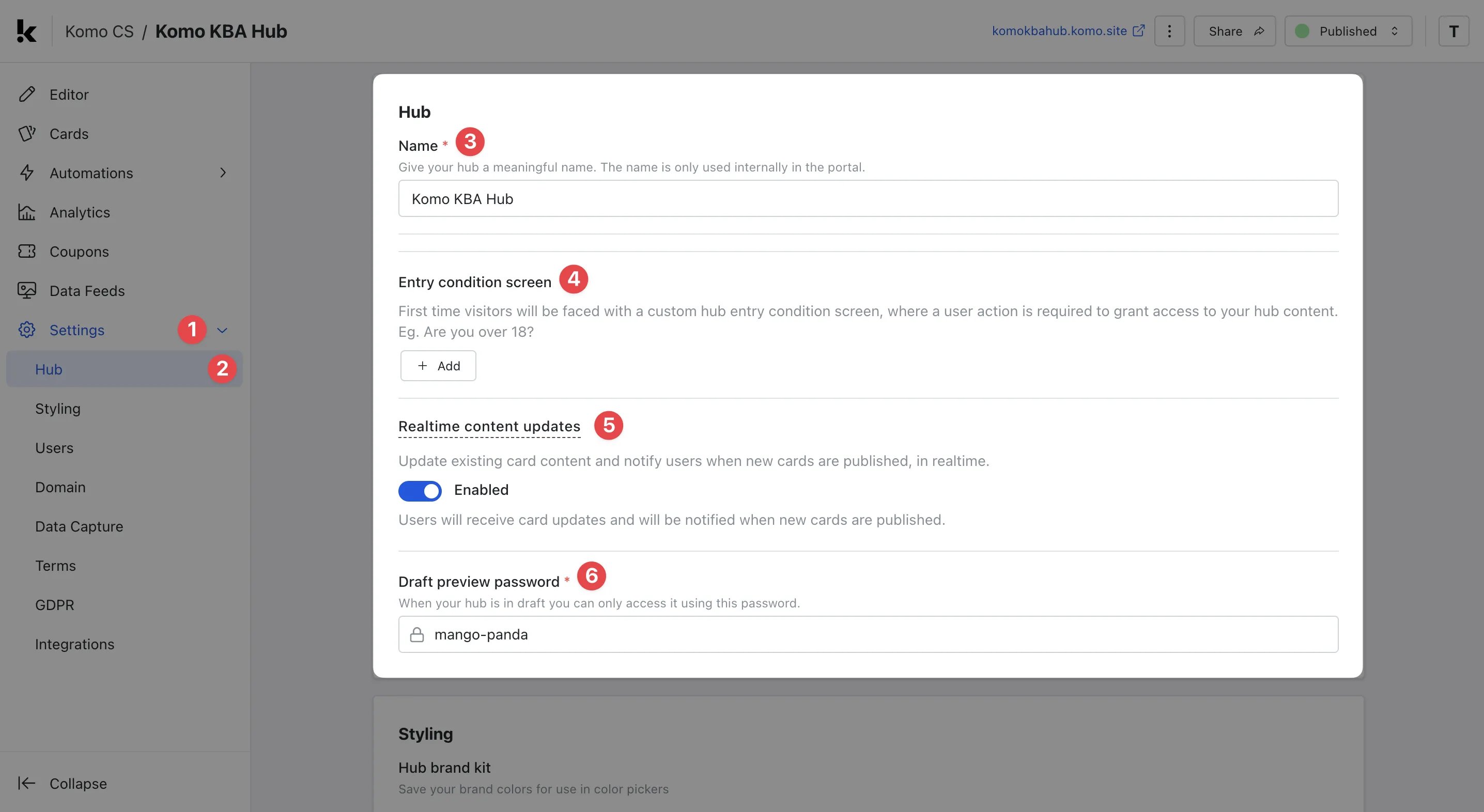 Hub Settings: hub Settings