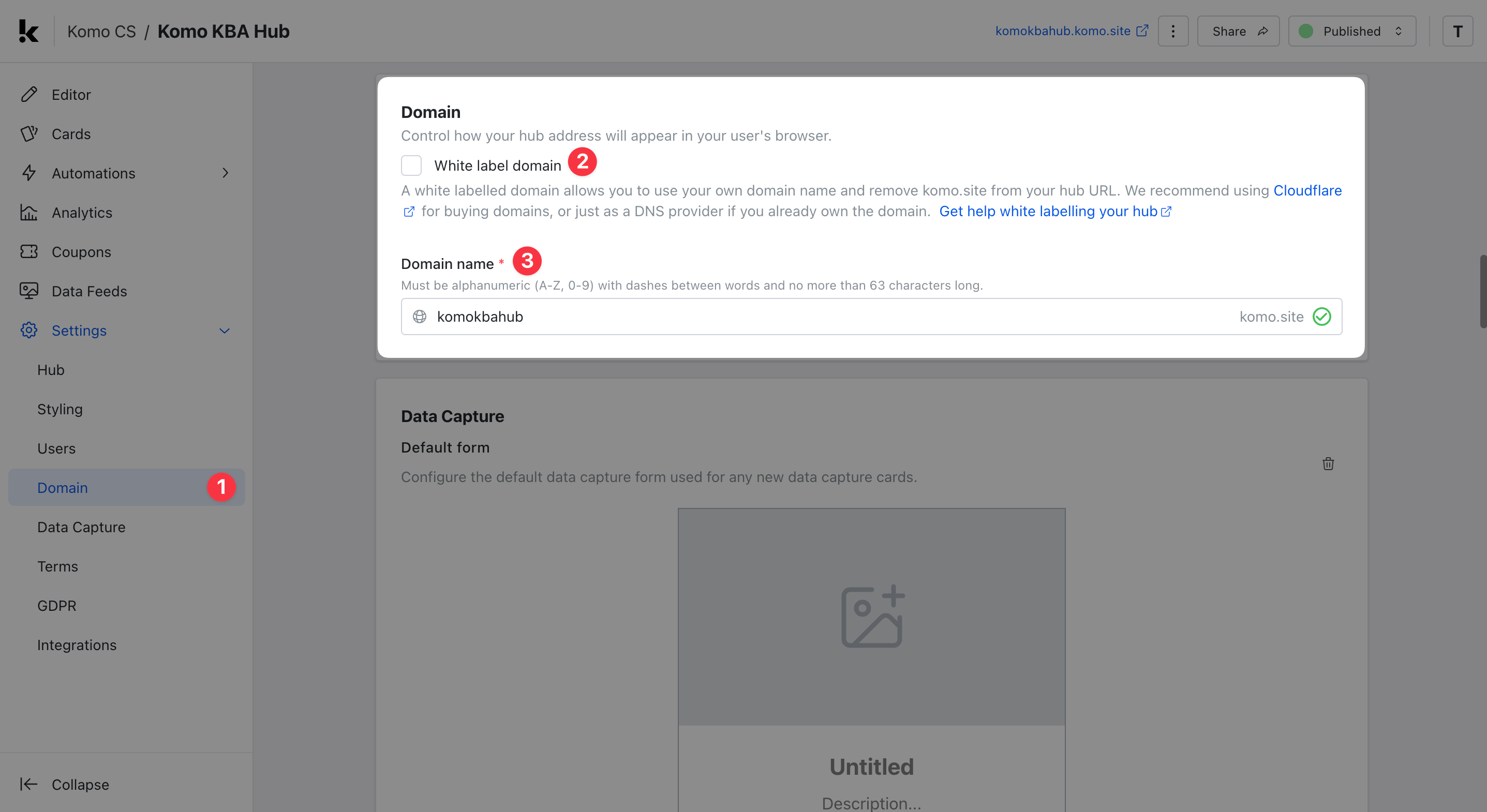Hub Settings: site Domain