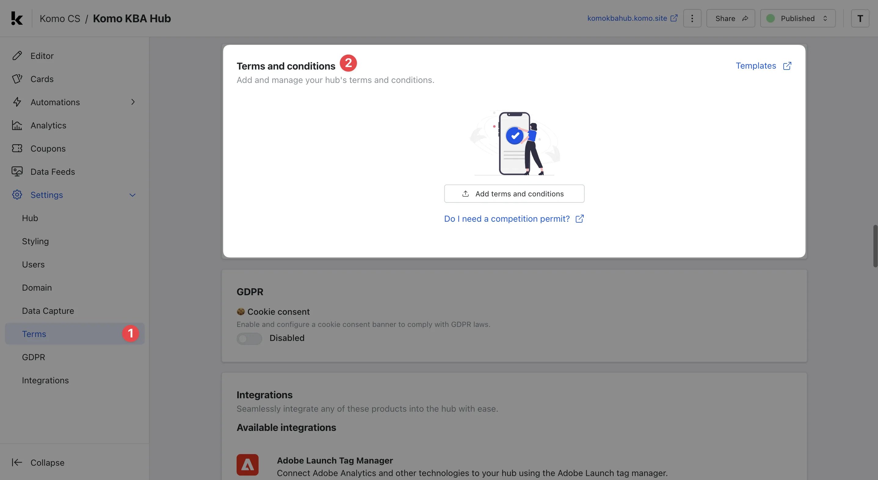 Hub Settings: terms and Conditions