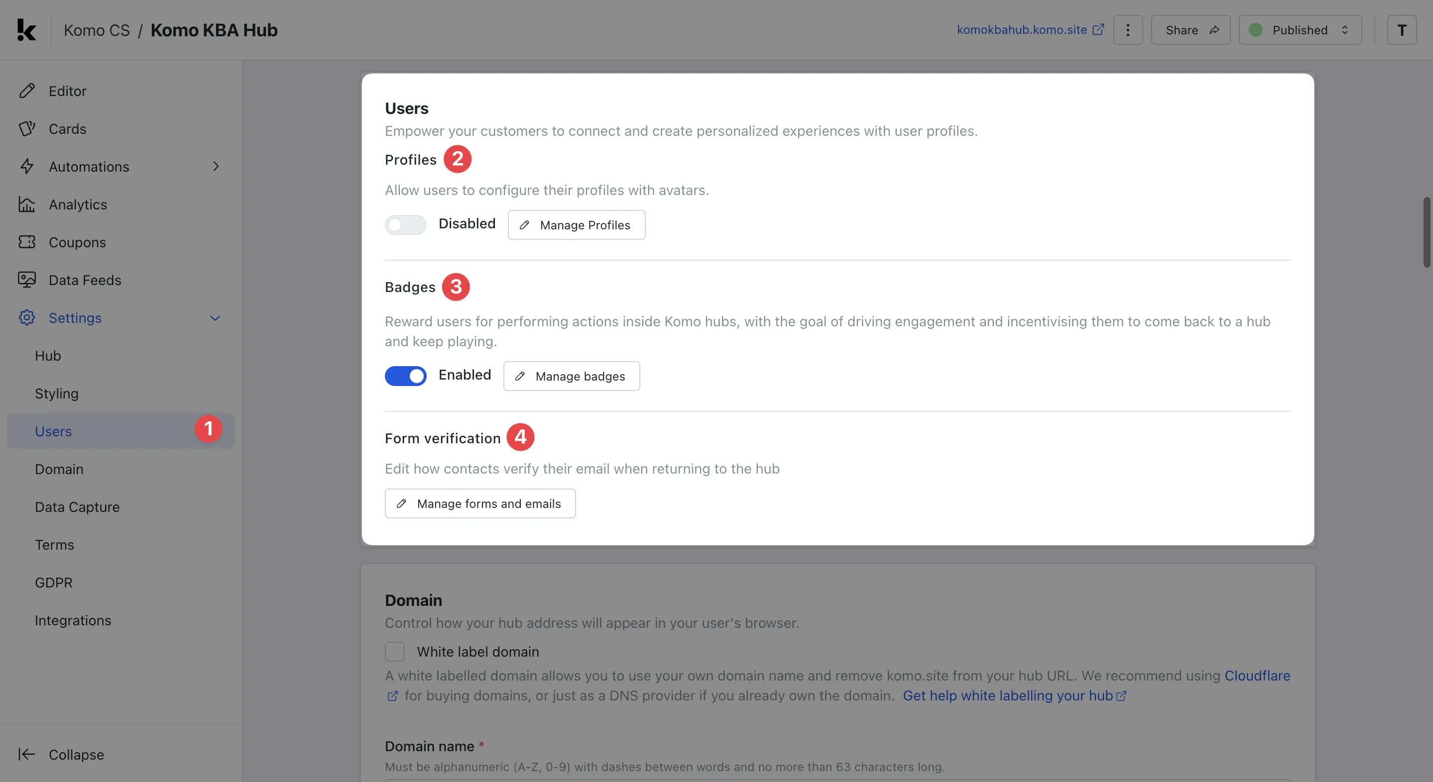 Hub Settings: user Settings