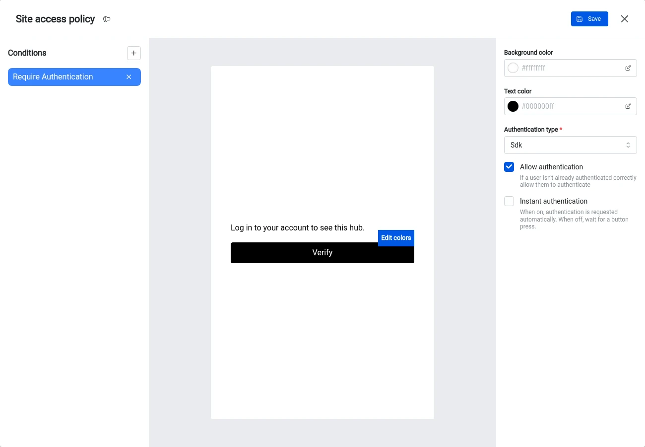 Access Policies: the policy editor with Sdk selected, Allow authentication on and Instant authentication off