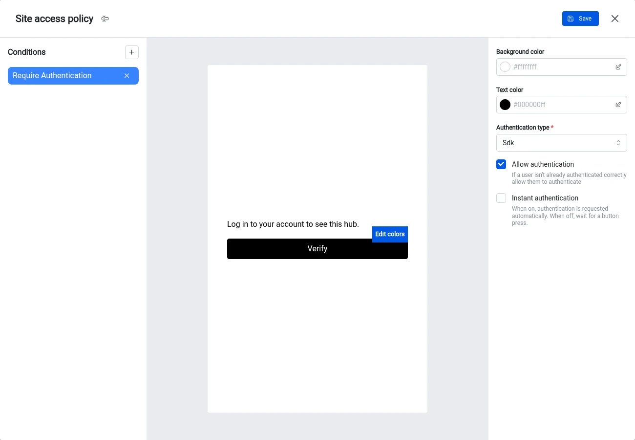 Access Policies: the policy editor with Sdk selected, Allow authentication on and Instant authentication off