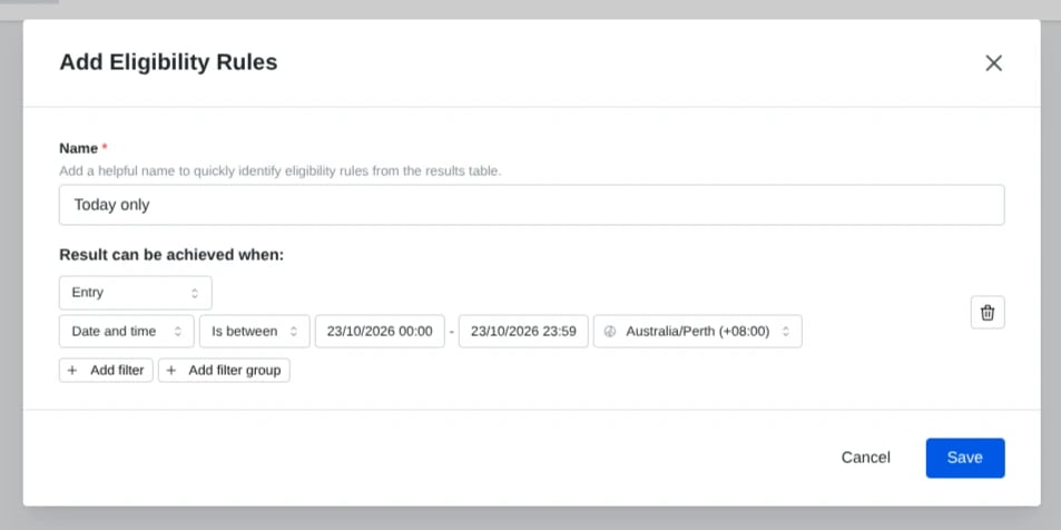 Instant win eligibility rules: Add Eligibility Rules modal with an Entry filter set to Date and time, Is between 23/10/2026 00:00 and 23/10/2026 23:59 in Australia/Perth