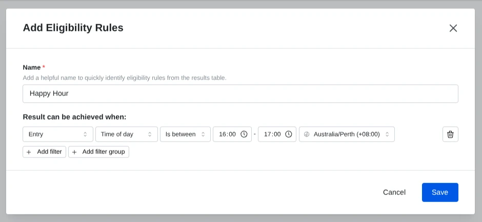 Instant win eligibility rules: Add Eligibility Rules modal with an Entry filter set to Time of day, Is between 16:00 and 17:00 in Australia/Perth