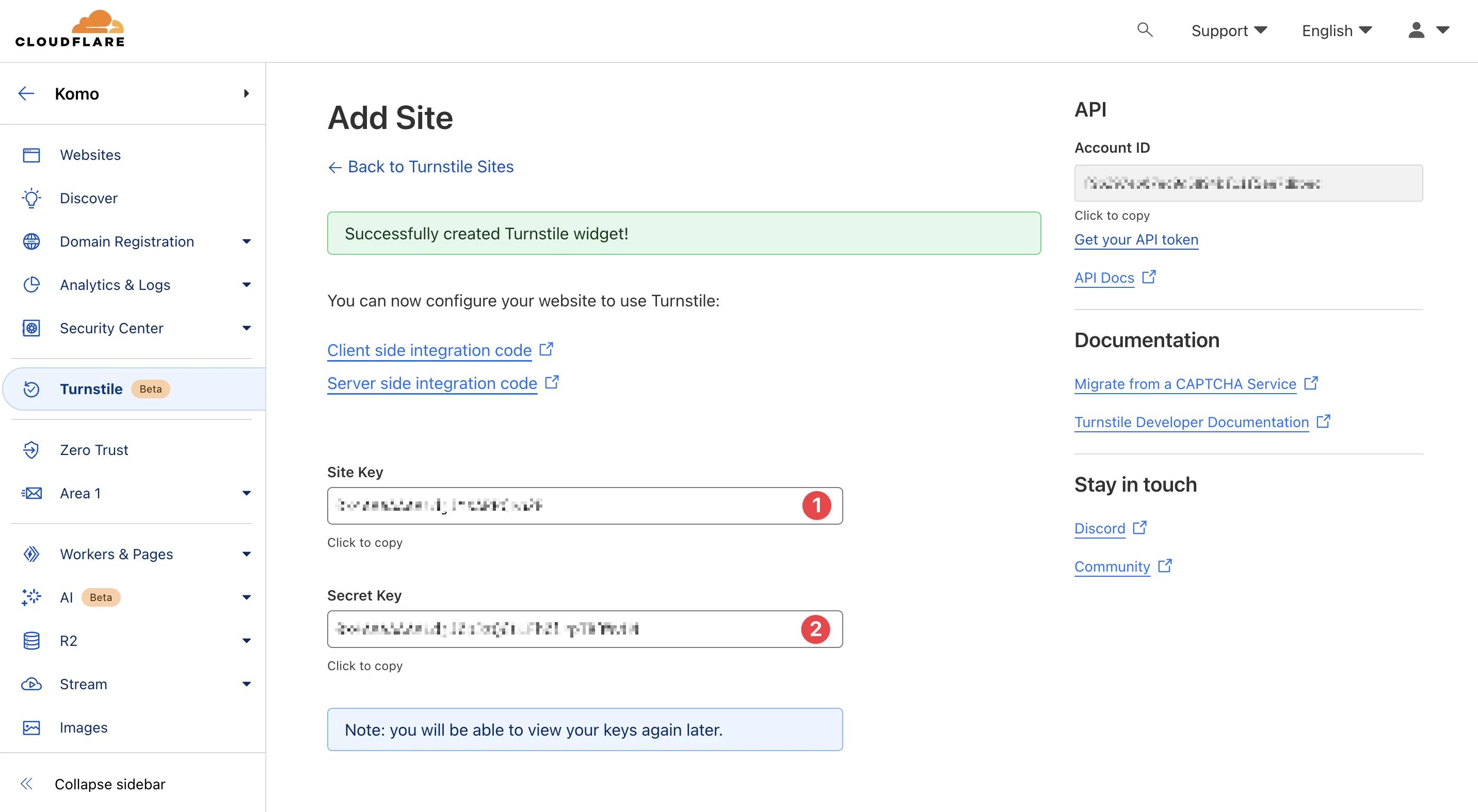 Cloudflare Turnstile: step 2 — Step 2: Copy the Turnstile keys