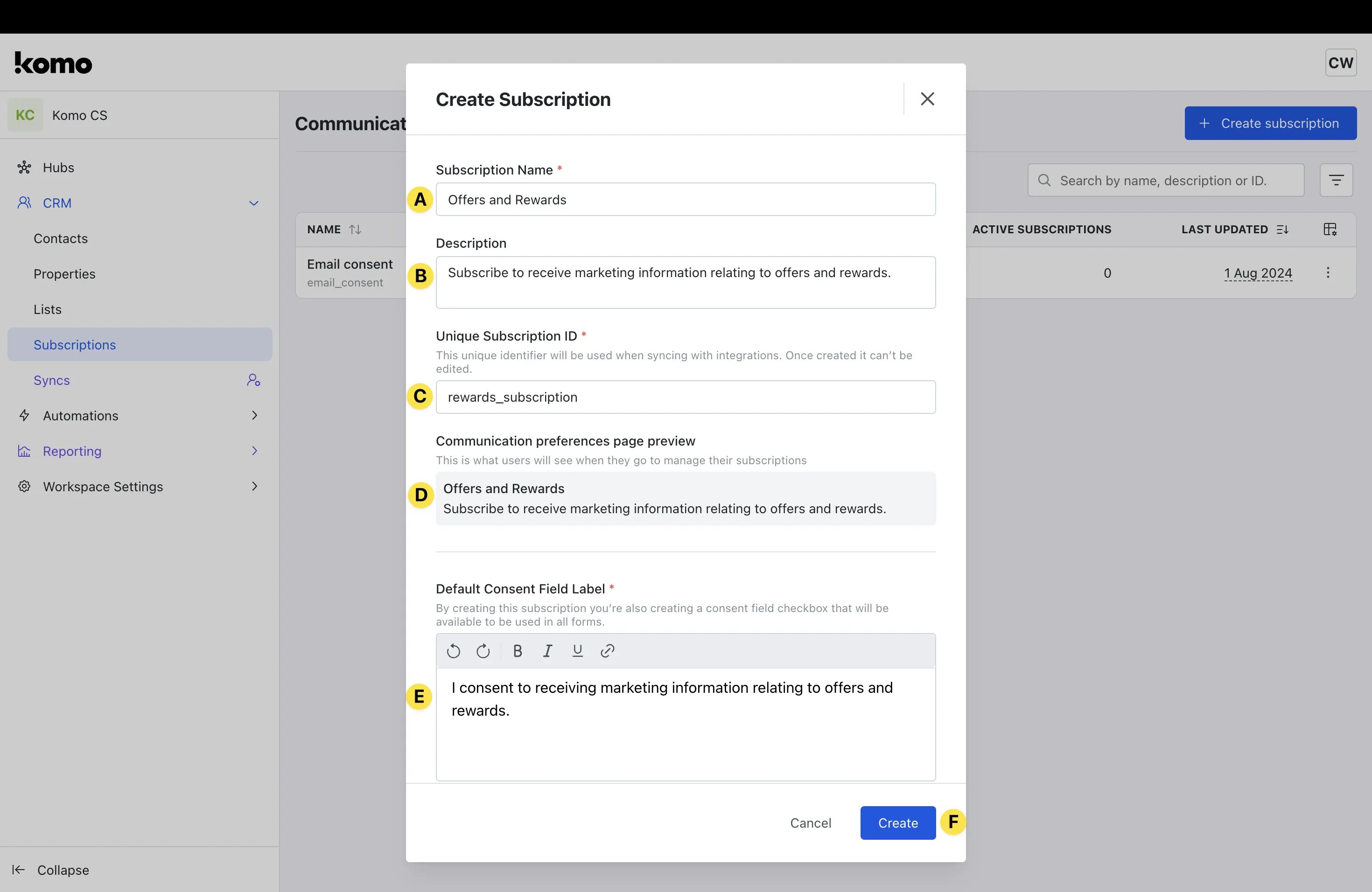 Communication Subscriptions: option a — Step 1: Create your subscription