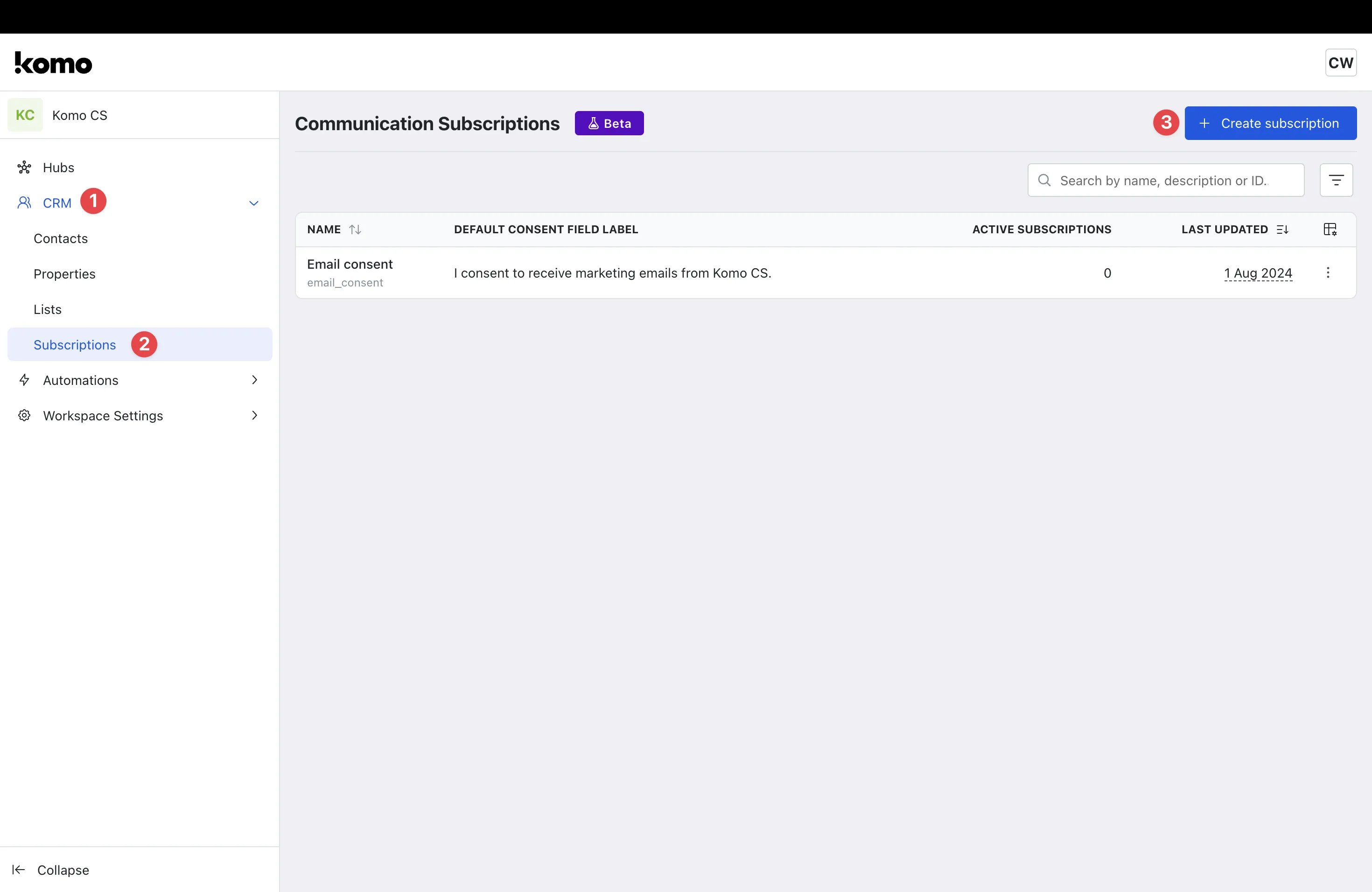 Communication Subscriptions: step 2 — Step 1: Create your subscription
