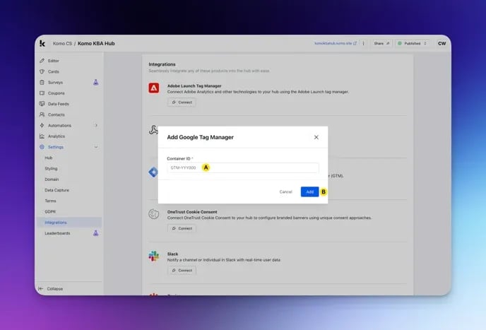 Connect Google Tag Manager to your Hub: option a — Connect the Google Tag Manager Connected App