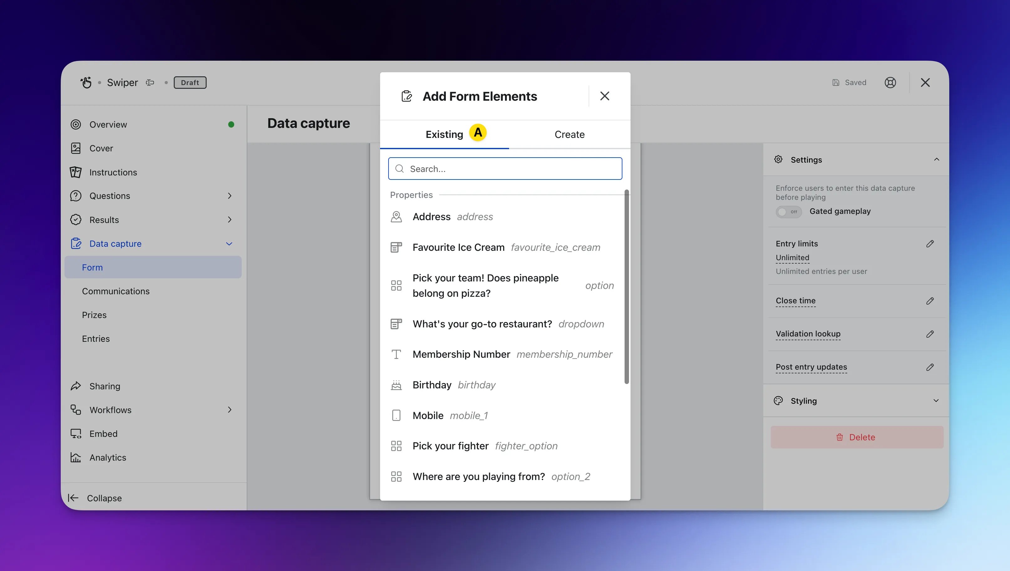 Contact Properties: adding form elements in the card editor