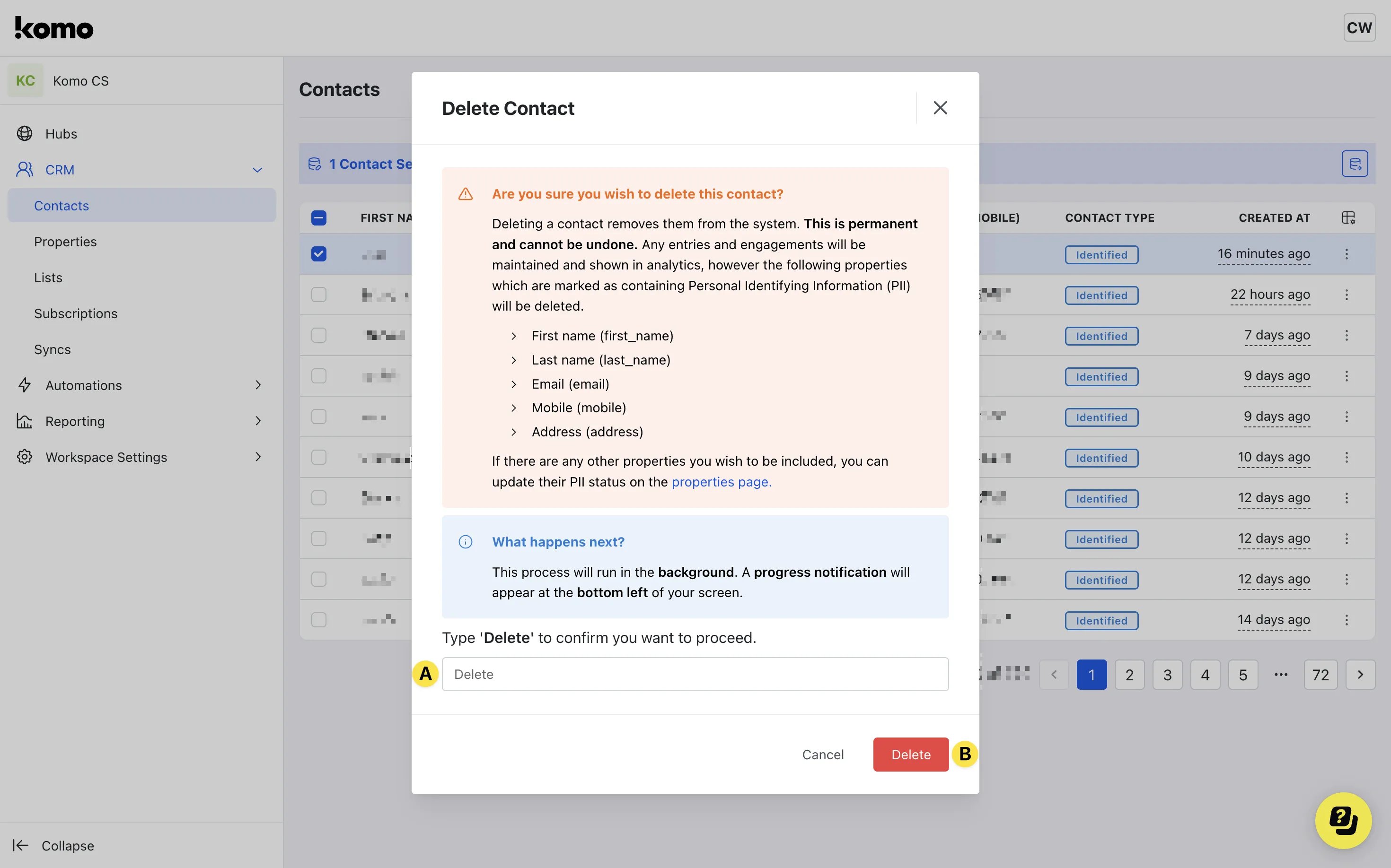 Contacts: option a — Step 5: Delete a Contact