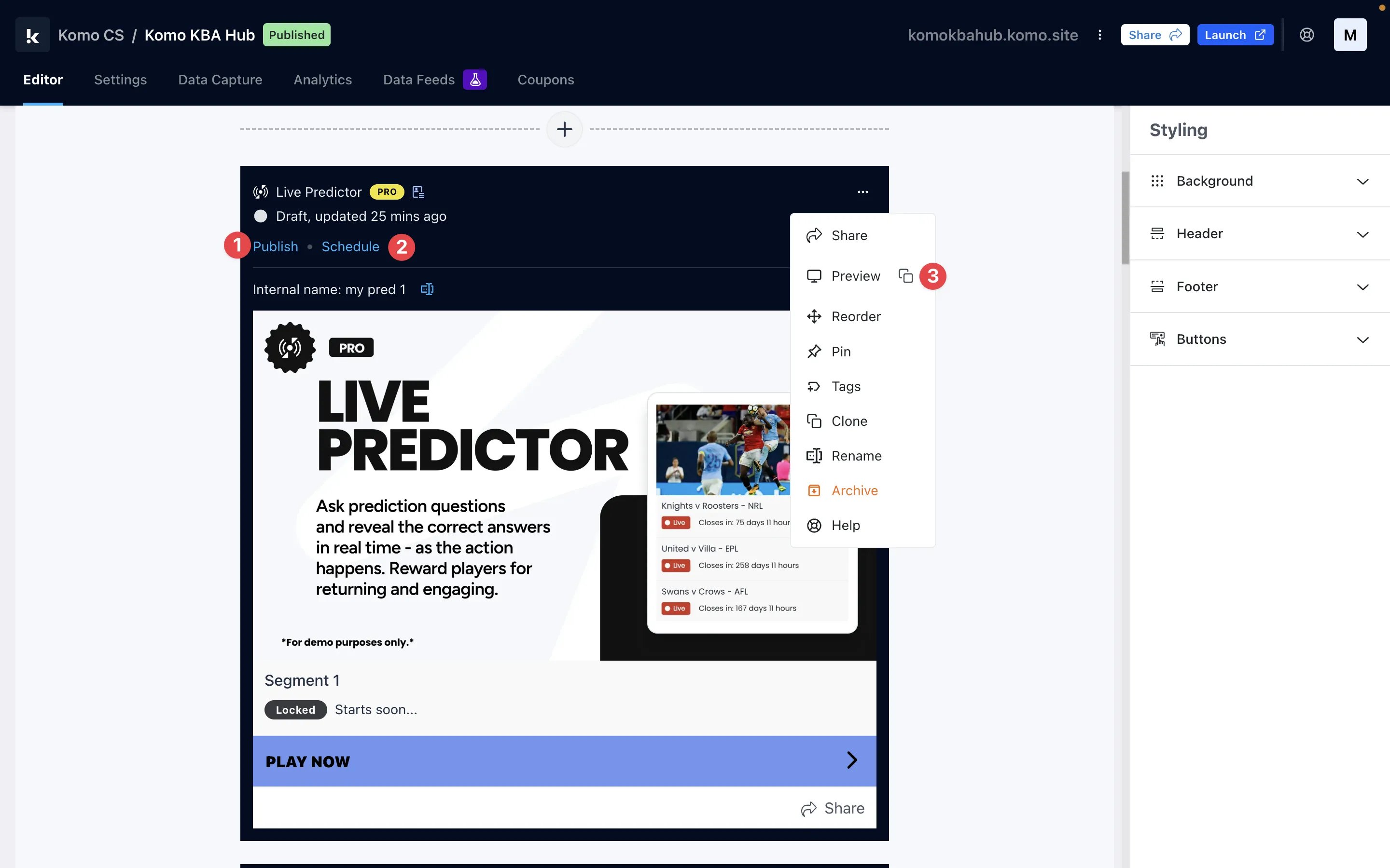 Live Predictor (Basic): step 10 — Step 10: Publish your card